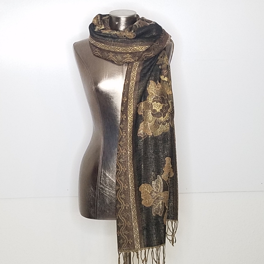 Brown and Metallic Gold Floral Scarf NWOT